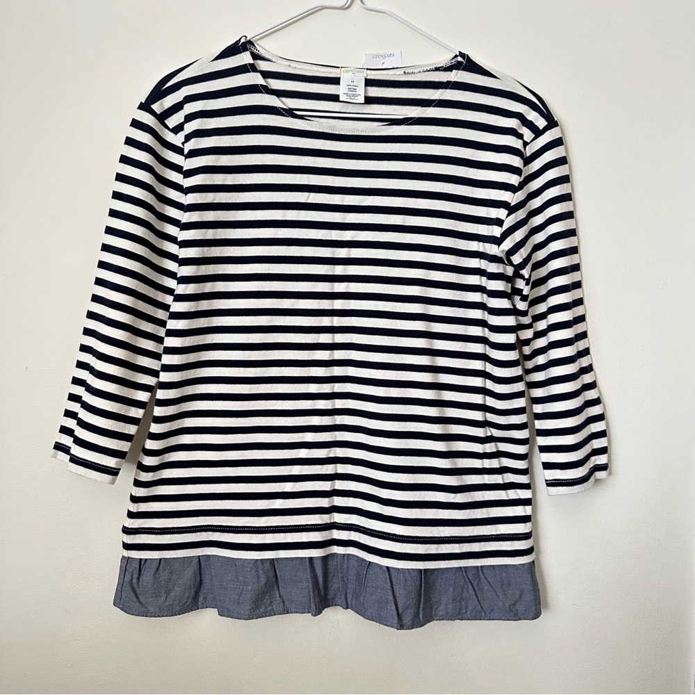 Crewcuts Blue and White Long Sleeve Tee with Ruffle Hem